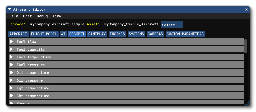 The Cockpit Tab In The Aircraft Editor
