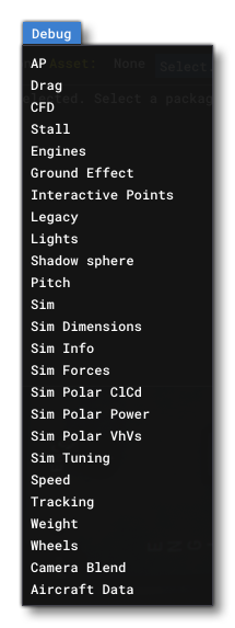 The Debug Menu In The Aircraft Editor