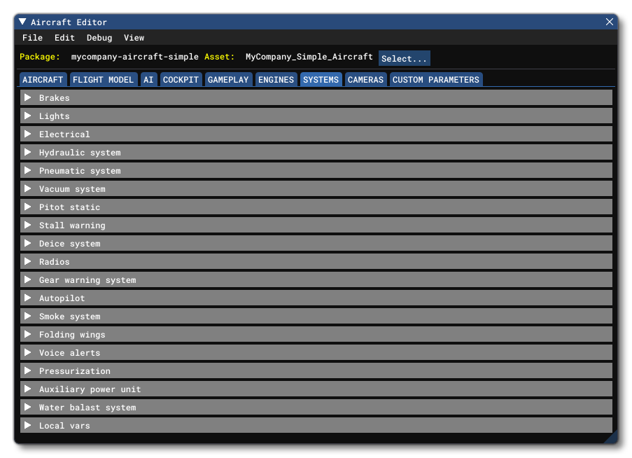 The Systems Tab In The Aircraft Editor