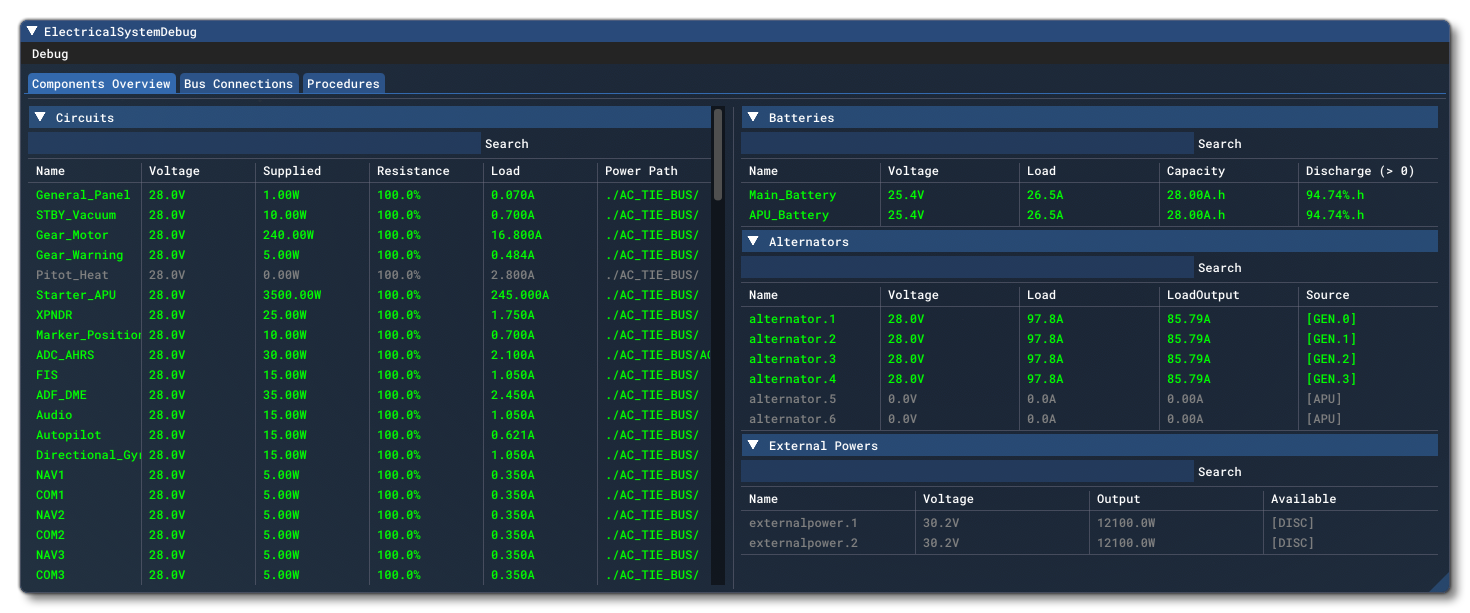 The Debug Electrical Components Tab