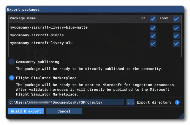 The Export Packages Window For The Marketplace