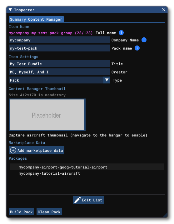 The Inspector Window Showing A Pack/Bundle