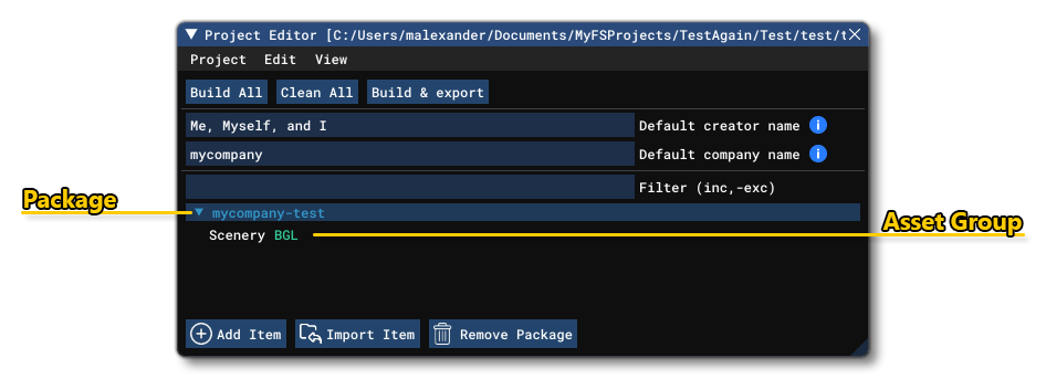The Project Editor With A New Package And Asset Group