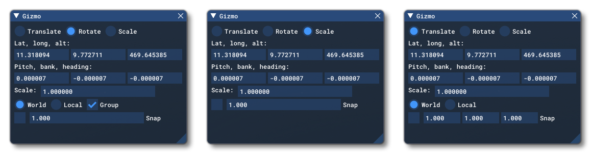 The Different Gizmo Windows For The Scenery Editor