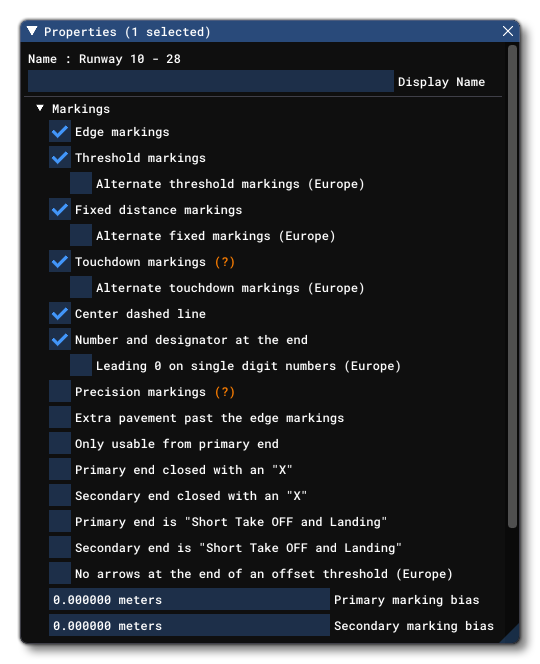 The Different Markings Options For A Runway Object