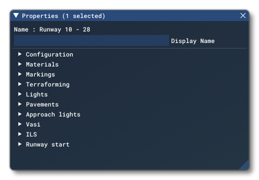 The Properties Window For A Runway Object