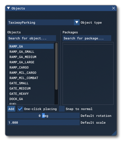 Different Taxiway Parking Object Elements Listed In The Objects Window
