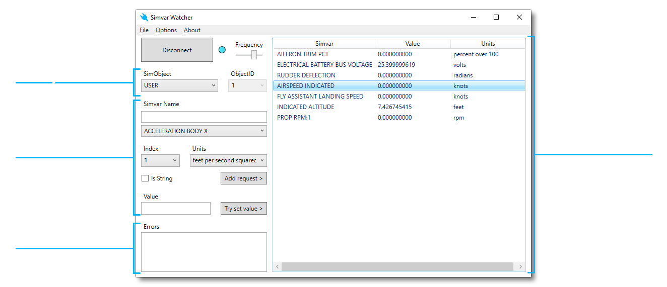 The SimVar Watcher Sections