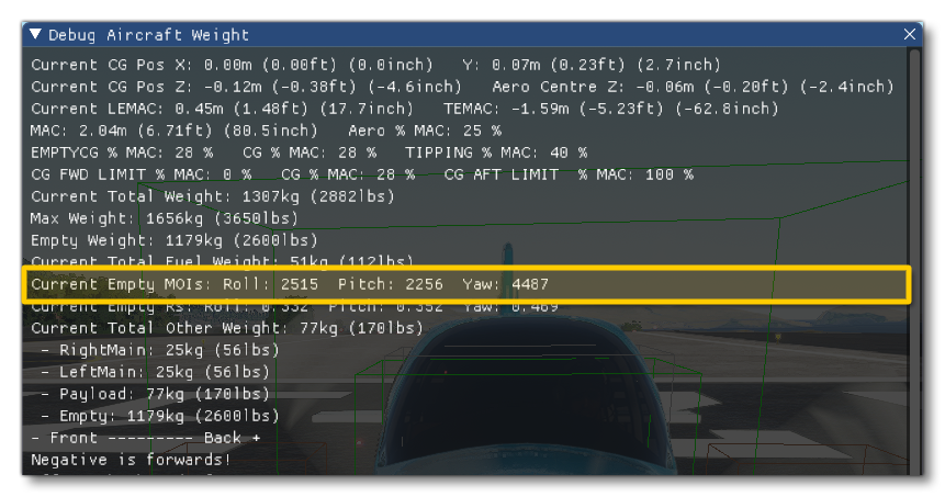 Debug Weight And Balance MOI Values