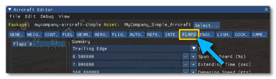 The FLaps Panel In The Aircraft Editor