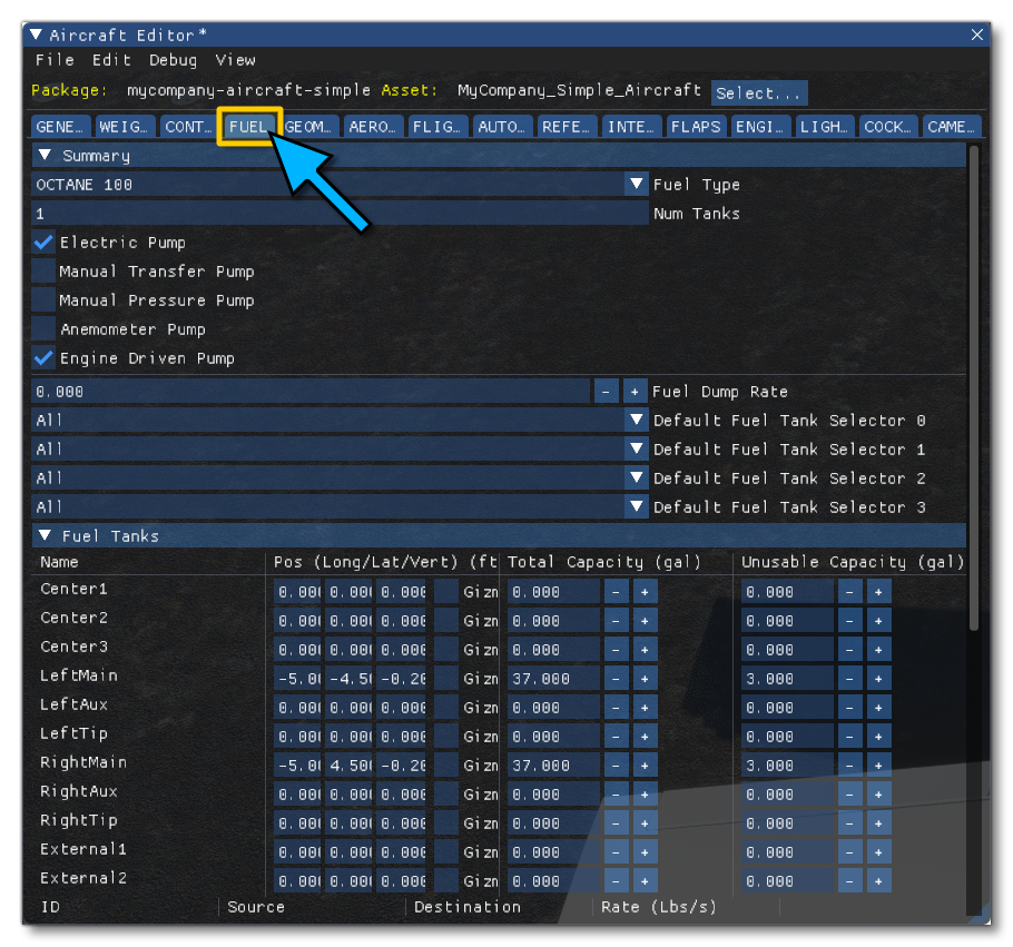 The FUEL Panel In The Aircraft Editor