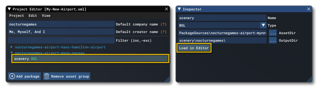 The Airport Asset Group In The Project Editor