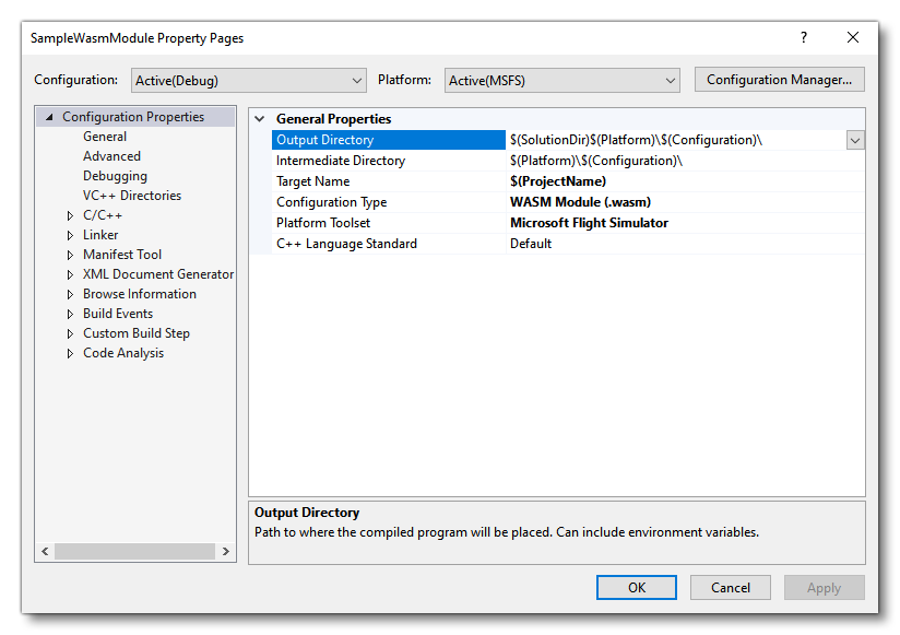 The VS Properties Window For A WASM Module